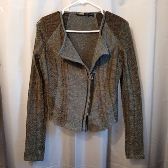 MISS ME Designer Cardigan Sweater women XS Gray Green Brown Crochet & knit ZipUp - Picture 1 of 10